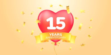 15. yıl dönümü vektör logosu, simge. Şablon pankartı, 15. yıldönümü tebrik kartı için kalp şeklinde sıcak balon sembolü.