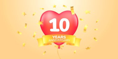10. yıl dönümü vektör logosu, simge. Şablon pankartı, 10. yıldönümü tebrik kartı için kalp şeklinde sıcak balon sembolü.