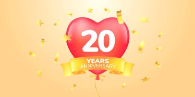 20. yıl dönümü vektör logosu, simge. Şablon pankartı, 20. yıldönümü tebrik kartı için kalp şeklinde sıcak balon sembolü.