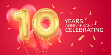 10. yıl dönümü vektör logosu, simge. 10. yıldönümü tebrik kartı için üzerinde kalp şeklinde sıcak balon olan pankart.