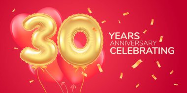 30. yıl dönümü vektör logosu, simge. 30. yıldönümü tebrik kartı için üzerinde kalp şeklinde sıcak balon olan bir pankart.
