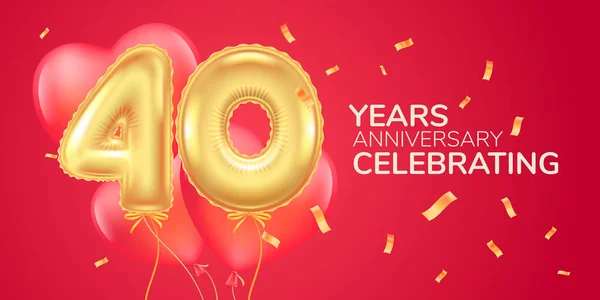 40. yıl dönümü vektör logosu, simge. Kırkıncı yıldönümü tebrik kartı için üzerinde kalp şeklinde sıcak balon olan pankart.