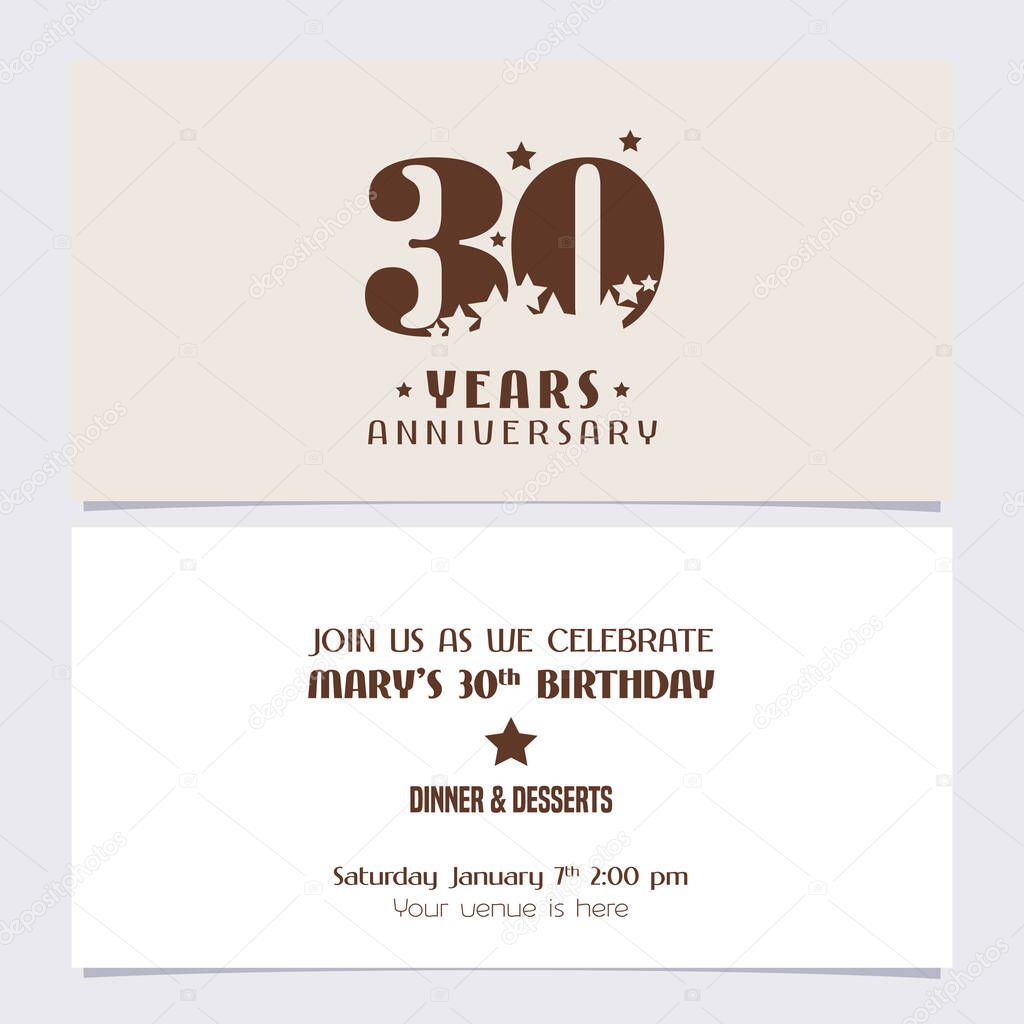 30 years anniversary invitation vector illustration. Design template element with elegant background for 30th birthday card, party invite