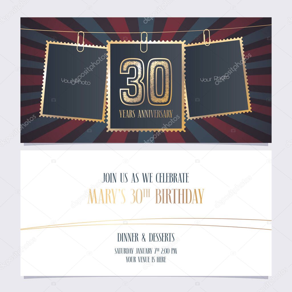 30 years anniversary party invitation vector template. Illustration with photo frames for 30th birthday card, invite