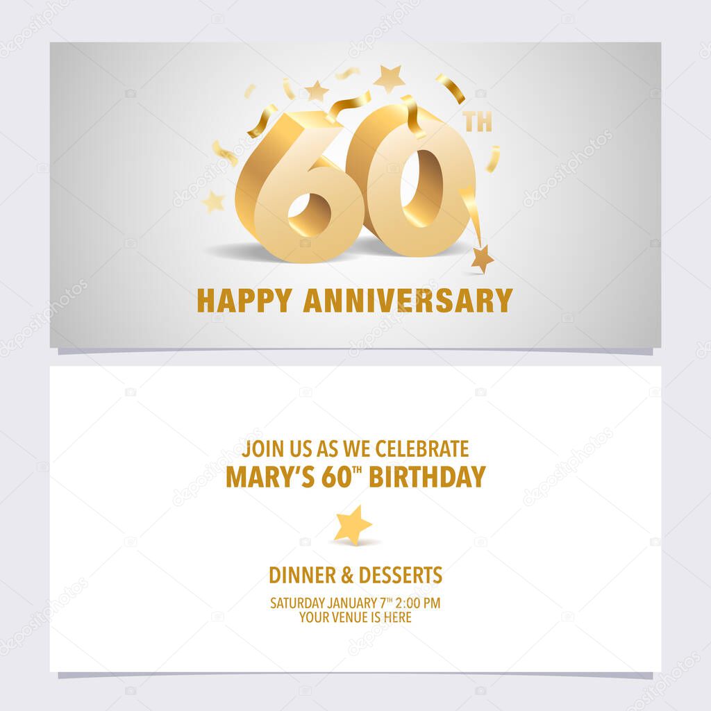 60 years anniversary invitation card vector illustration. Template design with golden color volumetric letters for 60th birthday party invite