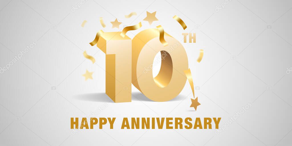 10 years anniversary vector icon,  logo. Graphic design template with  golden 3d numbers and festive elements for 10th anniversary