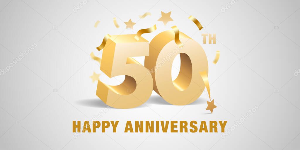 50 years anniversary vector icon,  logo. Graphic design template with  golden 3d numbers and festive elements for 50th anniversary