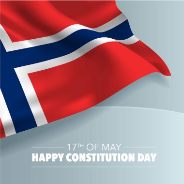 Norveç mutlu anayasa günü tebrik kartları, afişler, vektör illüstrasyonları. Norveç ulusal bayrak, kare formatı unsurları ile 17 Mayıs arkaplan