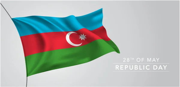 Azerbaycan Cumhuriyet Günü tebrik kartı, bayrak, yatay vektör illüstrasyonu. Azerbaycan bayramı 28 Mayıs tasarım unsuru ve bağımsızlık sembolü olarak bayrak sallama