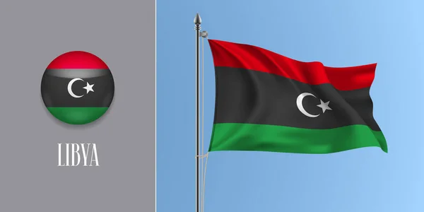 Libia Sventola Bandiera Sul Pennone Icona Rotonda Vettoriale Illustrazione Mockup — Vettoriale Stock