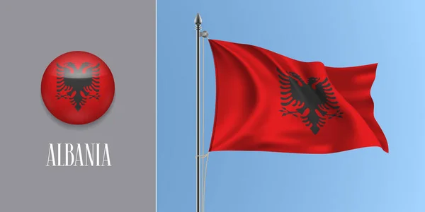 Albania Ondeando Bandera Asta Bandera Ilustración Vectores Iconos Redondos Realista — Vector de stock