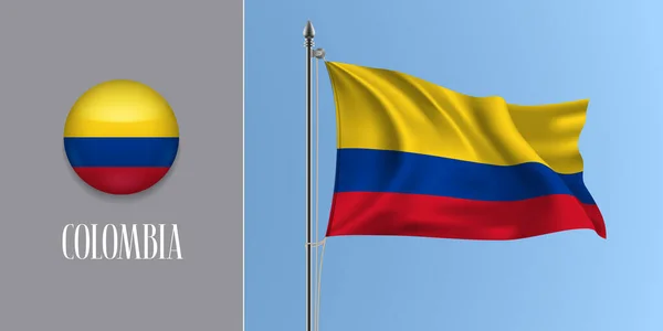 Bandera Colombia Ondeando Sobre Asta Bandera Icono Redondo Ilustración Vectorial — Archivo Imágenes Vectoriales