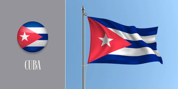 Cuba Agitando Bandeira Mastro Ícone Redondo Ilustração Vetorial Realista Mockup — Vetor de Stock