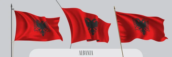 Conjunto Albania Ondeando Bandera Ilustración Vectorial Fondo Aislado Pájaro Rojo — Vector de stock