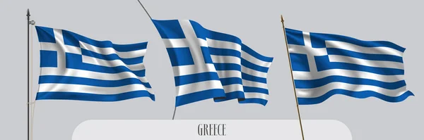 Set Greece Waving Flag Isolated Background Vector Illustration Blue White — Stock Vector