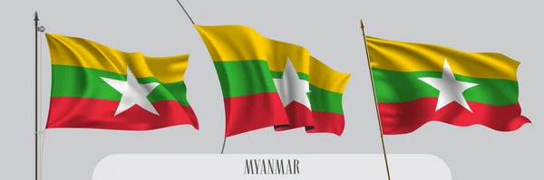Set Myanmar Sventola Bandiera Sfondo Isolato Vettoriale Illustrazione Verde Giallo — Vettoriale Stock