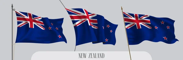 Set New Zealand Waving Flag Isolated Background Vector Illustration Blue — Stock Vector