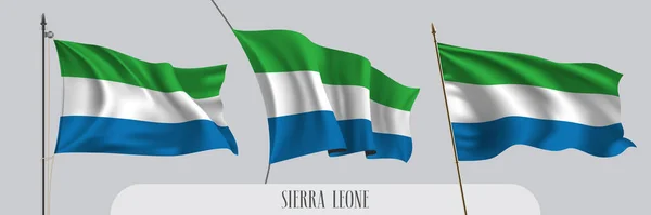 Set Bandiere Della Sierra Leone Sfondo Isolato Blu Bianco Sierra — Vettoriale Stock