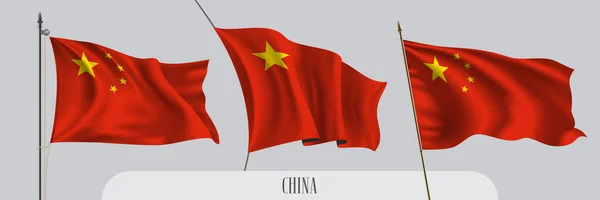 一组中国国旗在孤立的背景矢量图上飘扬 3面红色中国波浪现实主义国旗作为爱国的象征 — 图库矢量图片