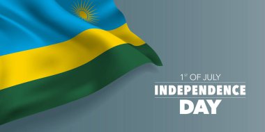 Rwanda happy independence day greeting card, banner with template text vector illustration. Rwandan memorial holiday 1st of July design element with  flag with stripes and sun clipart