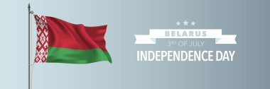 Belarus 'un bağımsızlık günü tebrik kartı, afiş vektör illüstrasyonu. Beyaz Rusya bayramı 3 Temmuz tasarım unsuru bayrak direğinde sallanıyor