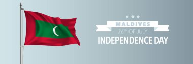 Maldivler 'in bağımsızlık günü tebrik kartı, afiş vektör illüstrasyonu. 26 Temmuz 'da bayrak direğinde bayrak sallayan Maldivian ulusal bayramı tasarım unsuru
