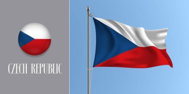 Çek Cumhuriyeti bayrak direği ve yuvarlak ikon vektör illüstrasyonunda bayrak sallıyor. Çember düğmesinin gerçekçi 3d modellemesi