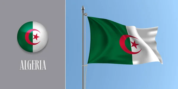 Bayrak Direğinde Bayrak Sallayan Cezayir Bayrağı Yuvarlak Ikon Vektör Çizimi — Stok Vektör