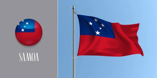 Samoa Sventola Bandiera Sul Pennone Icona Rotonda Vettoriale Illustrazione Mockup — Vettoriale Stock