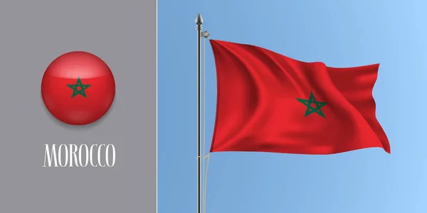 Marocco Sventola Bandiera Sul Pennone Icona Rotonda Vettoriale Illustrazione Mockup — Vettoriale Stock
