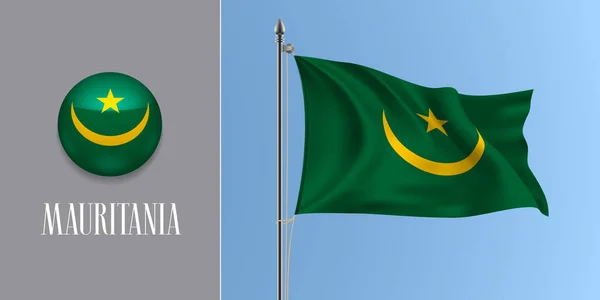 Mauritania Waving Flag Flagpole Icon Vector Illustration Realistic Mockup Green — Stock Vector