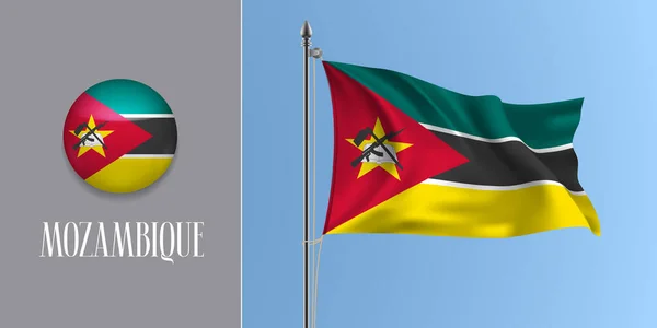 Mozambico Sventola Bandiera Sul Pennone Icona Rotonda Vettoriale Illustrazione Mockup — Vettoriale Stock