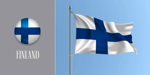 Finland Zwaaien Vlag Vlaggenmast Ronde Pictogram Vector Illustratie Realistische Mockup — Stockvector