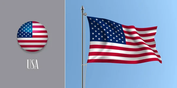 Estados Unidos América Ondeando Bandera Asta Bandera Ilustración Vectores Iconos — Vector de stock