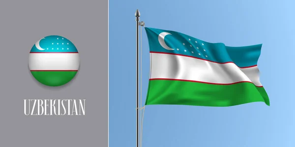 Üzbegisztán Zászlót Lobogtat Zászlórúdon Kerek Ikon Vektor Illusztráción Realisztikus Mockup — Stock Vector