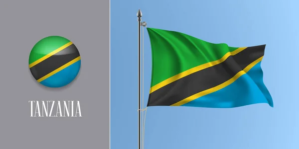 Tanzania Sventola Bandiera Pennone Icona Rotonda Vettoriale Illustrazione Realistico Modello — Vettoriale Stock