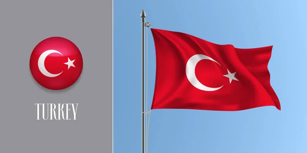 Bayrak direğinde bayrak sallayan Türkiye ve ikon vektör illüstrasyonunun yuvarlak hali. Kırmızı Türk bayrağı ve daire düğmesinin gerçekçi 3D maketi