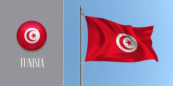 Tunisia Sventola Bandiera Sul Pennone Icona Rotonda Vettoriale Illustrazione Realistico — Vettoriale Stock