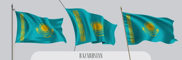 Set Bandiere Sventolanti Del Kazakistan Sfondo Isolato Blu Giallo Kazako — Vettoriale Stock