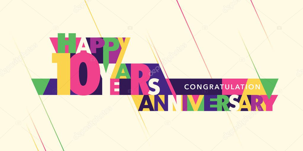 10 years anniversary vector logo, icon. Template banner with modern composition of letters and numbers for 10th anniversary greeting card