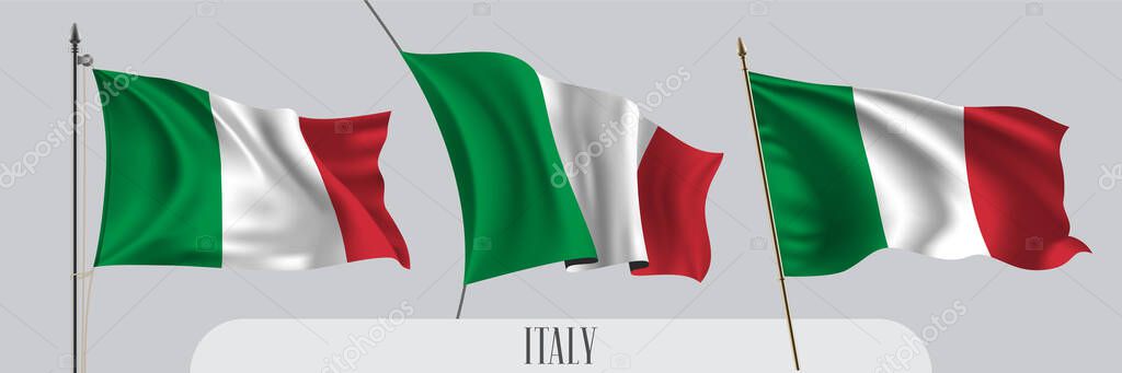 Set of Italy waving flag on isolated background vector illustration. 3 red green white tricolor Italian wavy realistic flag as a patriotic symbol