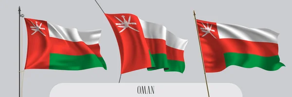 Set Bandiera Oman Sventolante Sfondo Isolato Vettoriale Illustrazione Rosso Verde — Vettoriale Stock