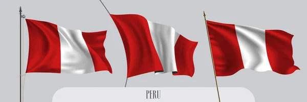 İzole edilmiş arka plan vektör illüstrasyonunda dalgalanan Peru bayrağı seti. Vatanseverliğin sembolü olarak 3 beyaz, kırmızı, dalgalı, gerçekçi bayrak
