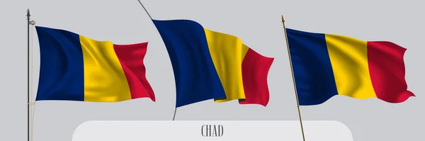 Uppsättning Tchad Viftande Flagga Isolerad Bakgrund Vektor Illustration Tricolor Vågig — Stock vektor
