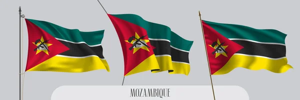 Set Bandiera Mozambicana Sventolante Sfondo Isolato Vettoriale Illustrazione Rosso Verde — Vettoriale Stock