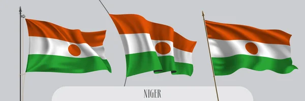 Set Bandiera Niger Sventolando Sfondo Isolato Vettoriale Illustrazione Arancione Verde — Vettoriale Stock
