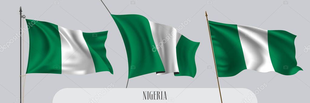 Set of Nigeria waving flag on isolated background vector illustration. 3 green white Nigerian wavy realistic flag as a patriotic symbol