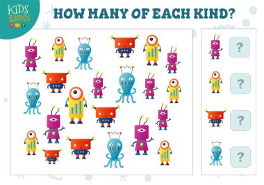 Çocuk vektör illüstrasyonu için her çizgi robotik robot sayma oyunundan kaç tane