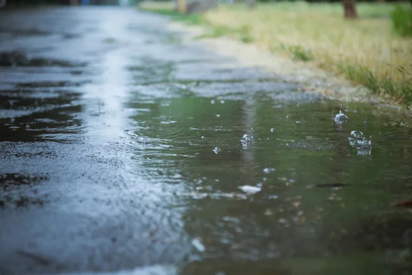 Pioggia estiva. Pioggia che cade. Gocce di pioggia. Pozzanghere con bolle sul marciapiede . — Foto Stock