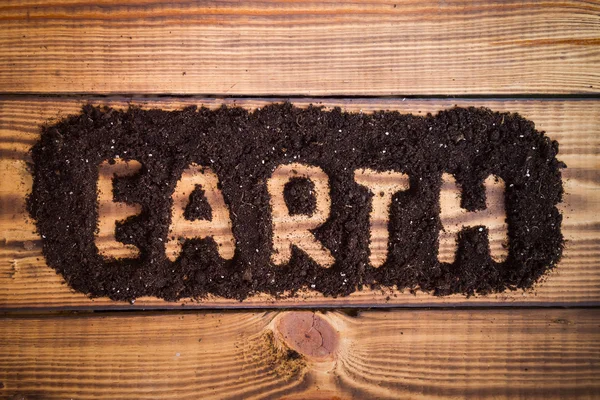 Palabra de la Tierra sobre una mesa de madera colocada sobre la tierra. Espacio vacío. Día de la Tierra. Contexto —  Fotos de Stock